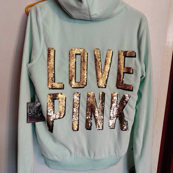 Victoria’s Secret LOVE PINK zip front velour fur lined hoodie teal sequin NWT - Picture 1 of 4